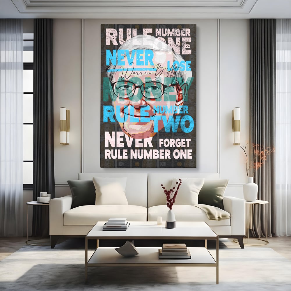 Tablou canvas cu tablou canvas cu portretul stilizat al lui warren buffett, fara rama, pe sasiu de lemn, pe perete intr-un living